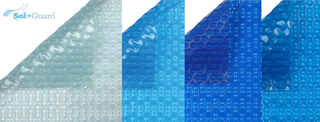 range of transparent geobubble materials L-R: Solguard, light blue, french blue, dark blue
